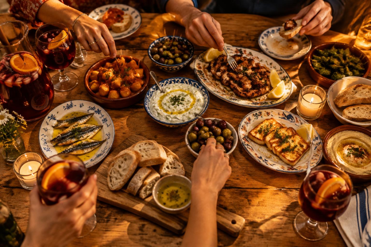 Bord fullt av tapas och sangria